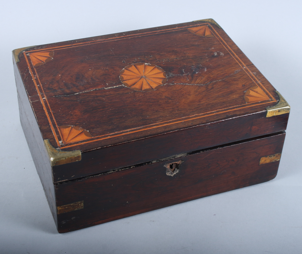 A 19th century mahogany and inlaid workbox with hinged lid enclosing fitted tray and assorted sewing - Image 4 of 5