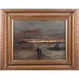 EPC: 19th century oil on canvas, figures on a beach, 12 1/2" x 9 1/4", in gilt frame
