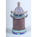 A Chinese silver, hardstone and enamelled shaker, in the form of a pagoda, 4" high