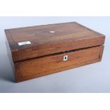 A 19th century rosewood table writing box inlaid white metal stringing and mother-of-pearl, 14"