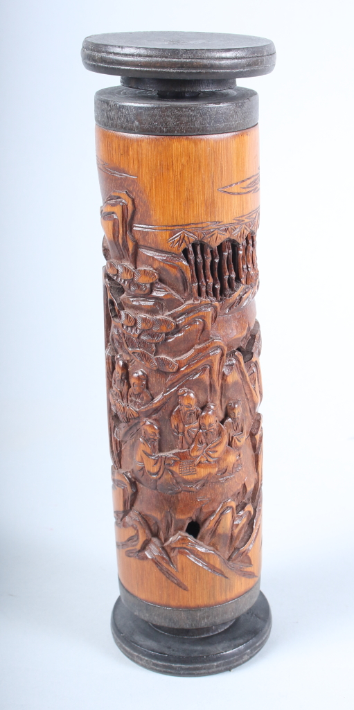 A carved and pierced bamboo cricket cage, signed, 9 1/2"