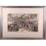 A late 19th century hand-coloured engraving, "Going to the Shanghai Derby", in strip frame, and