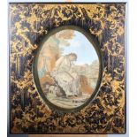 An 18th century silk embroidery, classical woman with dog, in a papier-mache lacquer frame (possibly
