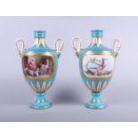 A pair of early 19th century Sevres porcelain oviform vases with swan neck handles with figured