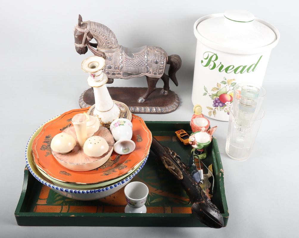 A bread crock, a metal mounted horse ornament, a replica pistol and assorted decorative ceramics