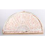 A Victorian mother-of-pearl framed fan with cream lace leaf, in glazed wooden case, 29" wide