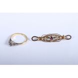 An Edwardian 9ct gold bar brooch set garnet and seed pearl, 1.8g, and an 18ct gold ring shank, 2.2g