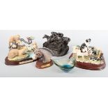 Four cold cast resin sculptures of animals and a small Mdina pedestal glass bowl
