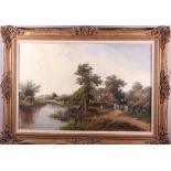 B Davis?: a late 19th century oil on canvas, riverside scene with cottage, path and figure, 25 1/