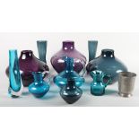 A collection of assorted Geoffrey Baxter Whitefriars blue glass vases and jugs, etc