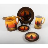 Five pieces of Royal Doulton, "Poplars at Sunset" pattern series ware pottery, D3416