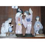Four Lladro porcelain figures of Chinese women (one a/f)