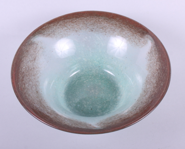 A Vasart green and brown mottled glass bowl, 9 1/2" dia