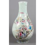 A Chinese bulbous celadon porcelain vase decorated with figures and clouds in polychrome enamel, 17"