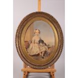 A Victorian oval watercolour portrait of a seated Victorian girl holding a spaniel, 14" x 11", in