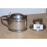 A Georgian silver lidded mustard with bright cut engraving, John Wall, London 1825, and a hallmarked