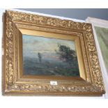 A 19th century oil on panel, landscape with cattle, 9 1/2" x 13", in deep gilt gesso decorated