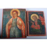 A Greek Cypriot painted icon on wooden panel, 7 1/2" x 6", and a smaller similar, 6 1/2" x 4 1/2"