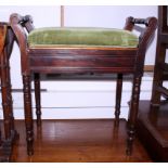 A mahogany box seat piano stool, upholstered in a green velvet, 22" wide