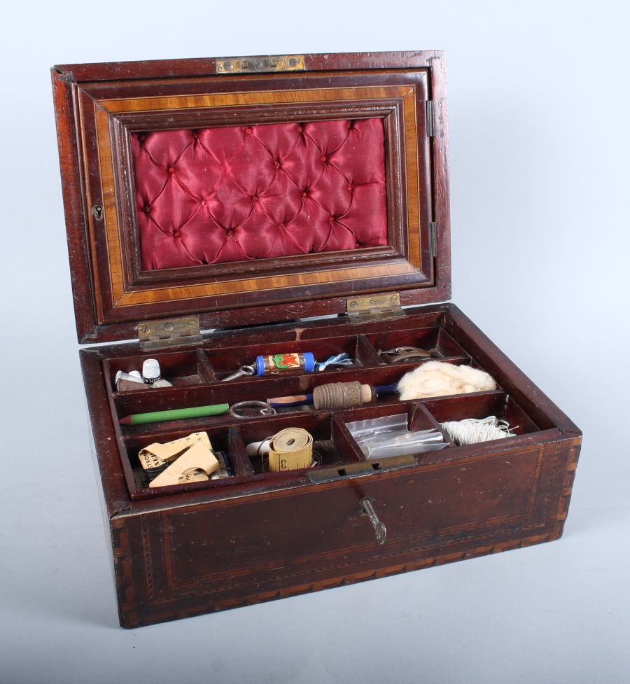 A 19th century mahogany and inlaid workbox with hinged lid enclosing fitted tray and assorted sewing - Image 2 of 5