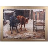 Warren Blackham: a 20th century oil painting, two calves and robin in a snowy farm yard, 16" x 22"