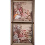 A pair of jacquard woven panels, figures in 18th century costume, 12" x 11 1/2", in gilt strip