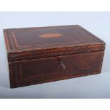 A 19th century mahogany and inlaid workbox with hinged lid enclosing fitted tray and assorted sewing