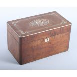 A 19th century walnut inlaid two-division tea caddy, of Indian design, with metal, white metal and