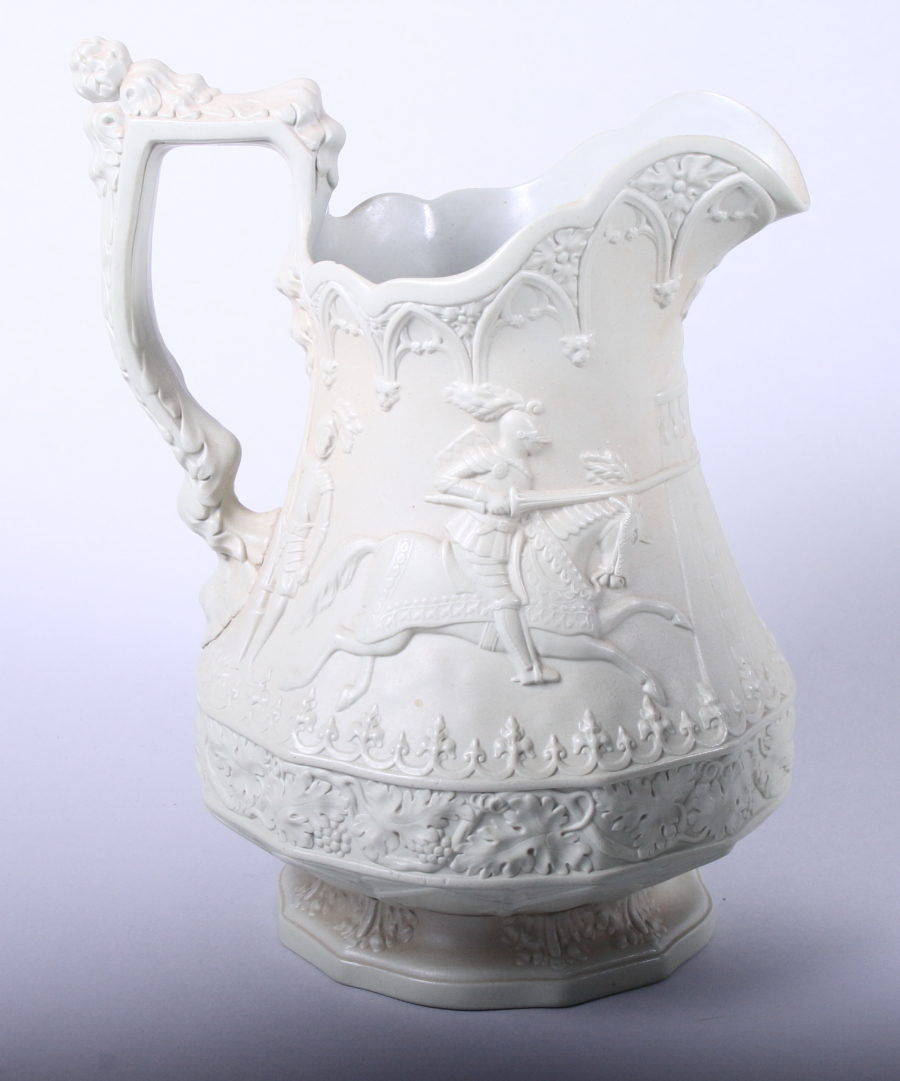 A mid 19th century W Ridgway green painted pottery jug, moulded with knights jousting, another - Image 2 of 7