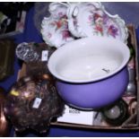 Two pieces of Carnival glass, a biscuit and cheese dish, other decorative china and glass, etc