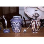 A blue, white and gilt hexagonal vase (now converted to electricity) and one other table lamp