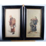 A pair of late 19th century Japanese watercolours on silk, elderly figures, 14" x 7", in ebonised