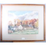 I C, 1931: a watercolour, landscape with barns, 17" x 13", in strip frame