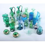 Three pairs of green and enamelled glass vases, three cut glass bowls and other glassware, various