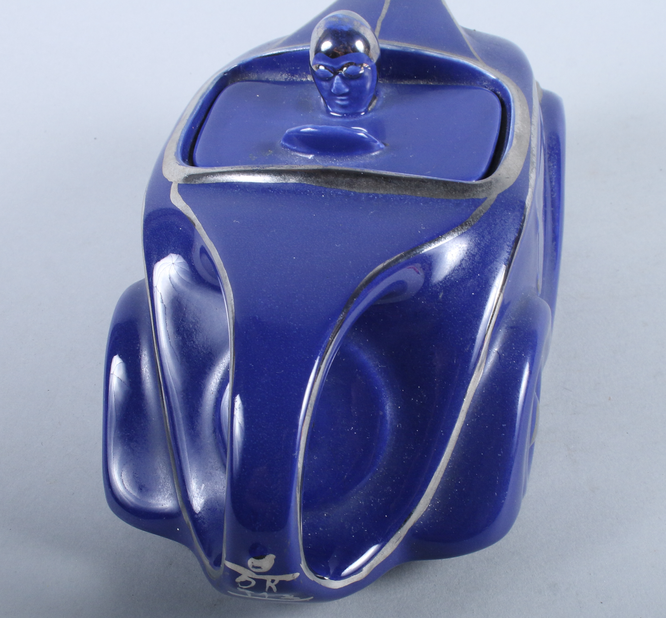 A 1930s Stabler design blue glazed racing car teapot, 9" long - Image 4 of 6