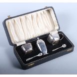 A matched three-piece silver cruet set and two mustard spoons, in fitted box