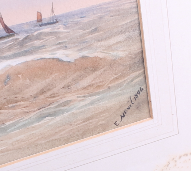 E Nevil, 1896: watercolour, fisherman and fishing boats on a beach, in a gilt slip frame - Image 2 of 2