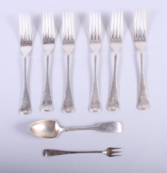 A set of six silver forks, John Round, Sheffield, a silver pickle fork and a Scottish silver