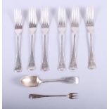 A set of six silver forks, John Round, Sheffield, a silver pickle fork and a Scottish silver