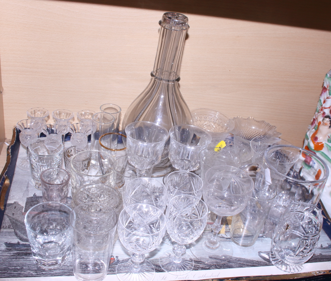 A cut glass tankard, a set of six cut glass thistle liqueur glasses and other glass, various