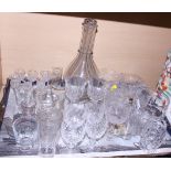 A cut glass tankard, a set of six cut glass thistle liqueur glasses and other glass, various