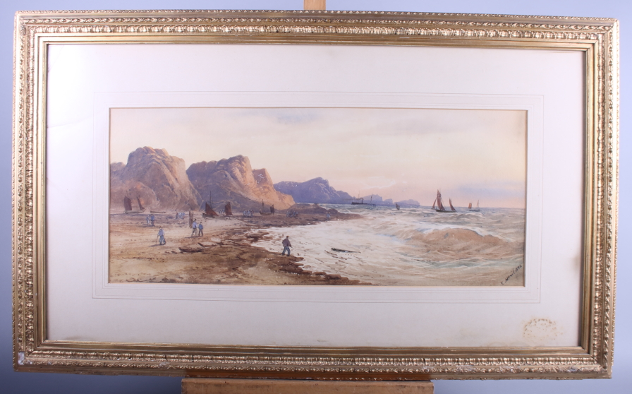 E Nevil, 1896: watercolour, fisherman and fishing boats on a beach, in a gilt slip frame