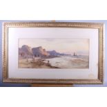 E Nevil, 1896: watercolour, fisherman and fishing boats on a beach, in a gilt slip frame