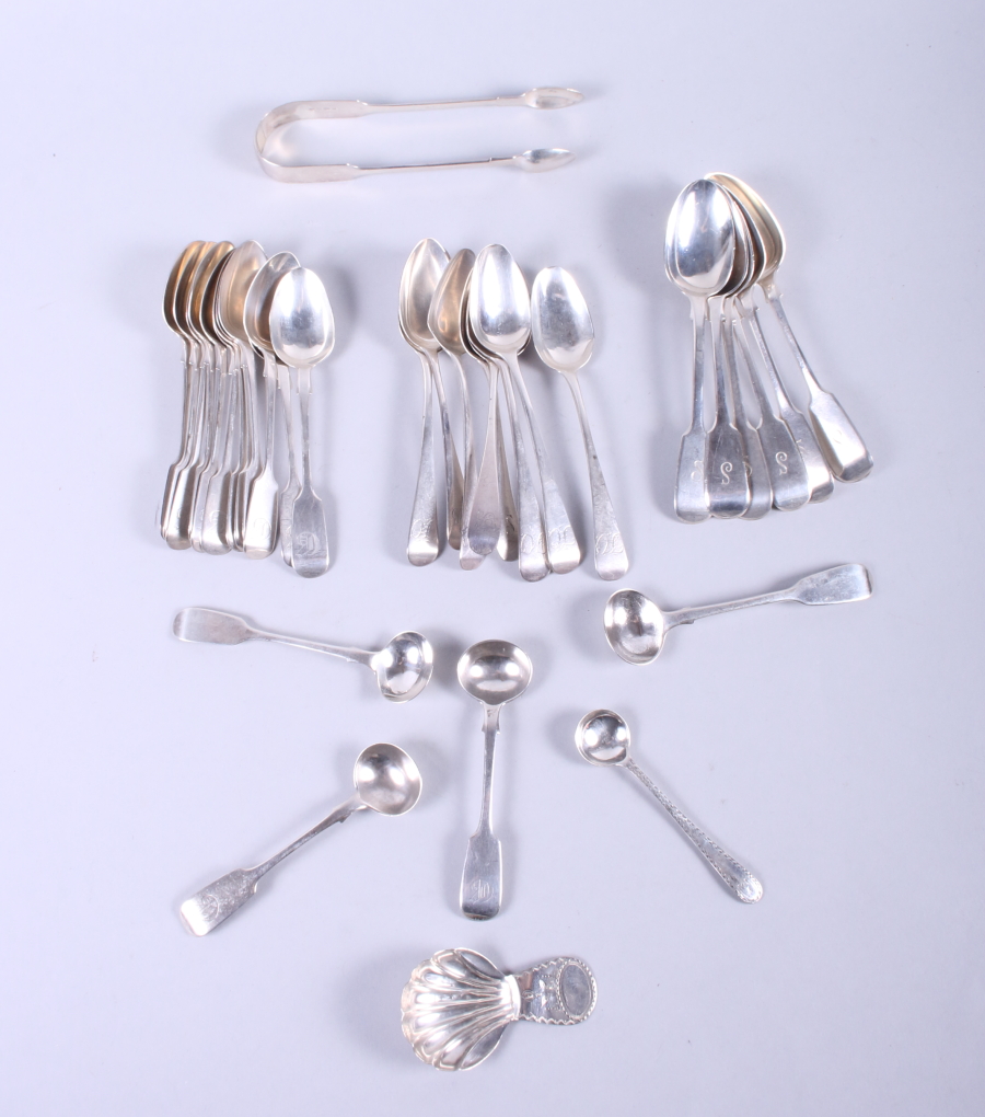 A set of six fiddle pattern teaspoons, six Old English pattern teaspoons, twelve silver fiddle