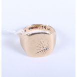 A gentleman's 9ct yellow gold signet ring set with a single diamond, 3g gross