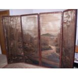 A Japanese lacquer framed four-fold screen with embroidered panels of a landscape (silk wearing),