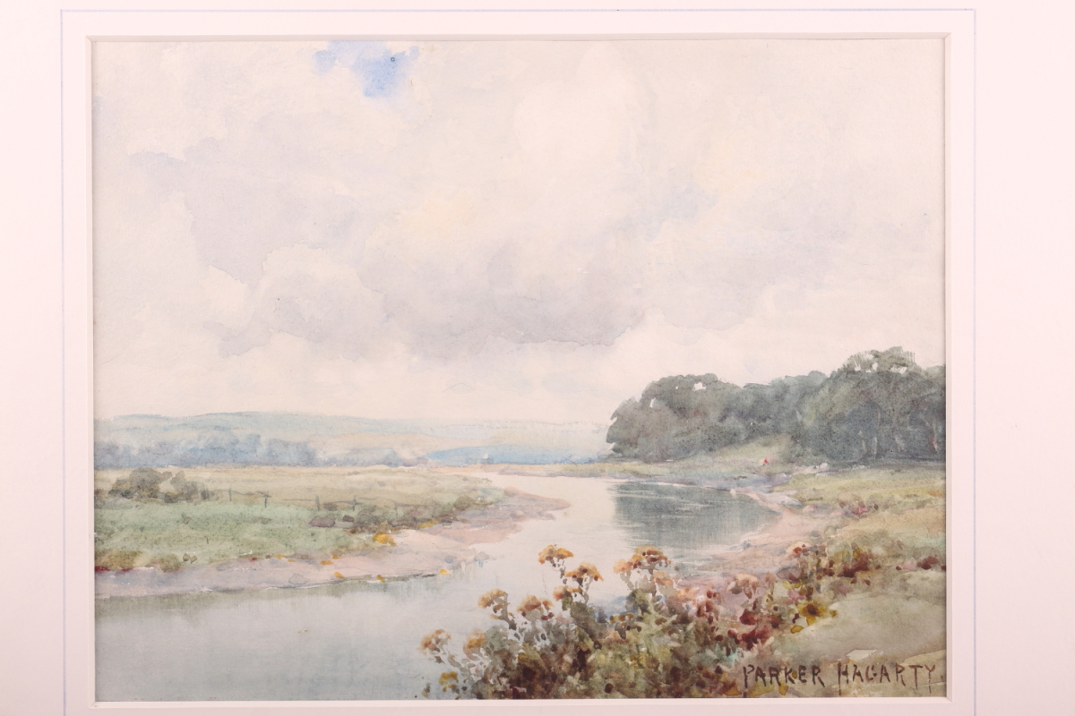 Parker Hagarty: watercolour, meandering river scene, "Ofrnac (?) River", signed, 17 1/2" x 20", in