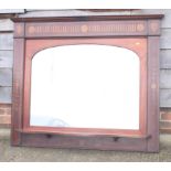 An Edwardian mahogany and inlaid over mantel mirror with single shelf, 45" x 55" overall