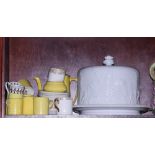 A Crown Ducal yellow ground coffee set for four, a cheese dish and cover, and other glass, various