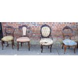 Four Victorian chairs with stuffed over seats, various, and a cane seat high back chair, on turned